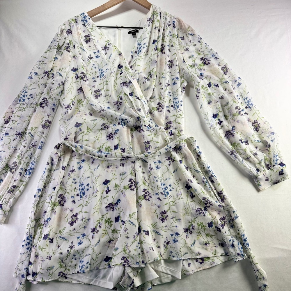 Express Womens Floral Chiffon Long Sleeve Surplice Romper White Purple Size M